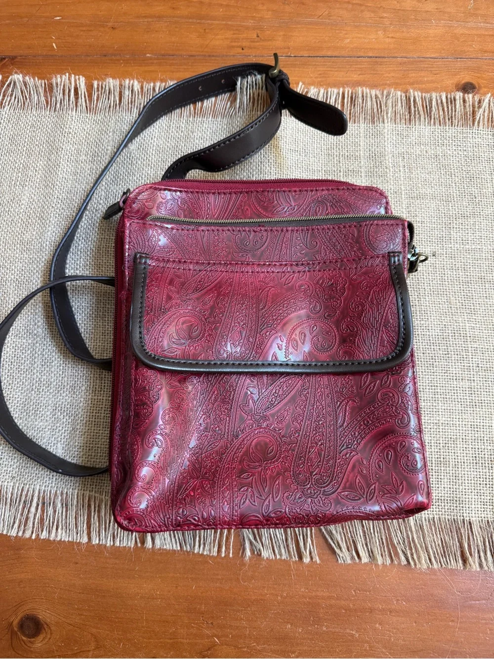 Relic Burgundy Paisley Embossed Leather Messenger Bag with Dark Brown Strap